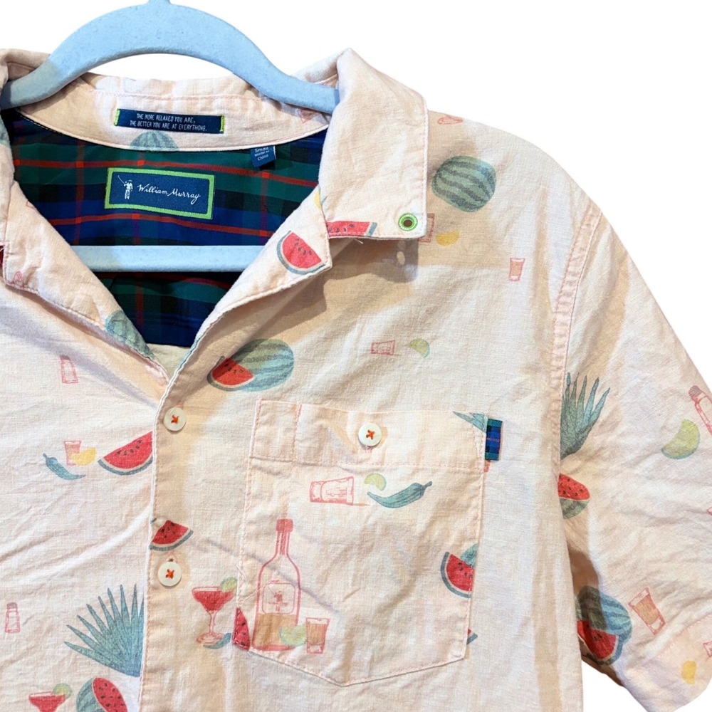 William Murray Golf Mens Small Pink Watermelon agave‎ Cocktail Linen Blend Shirt